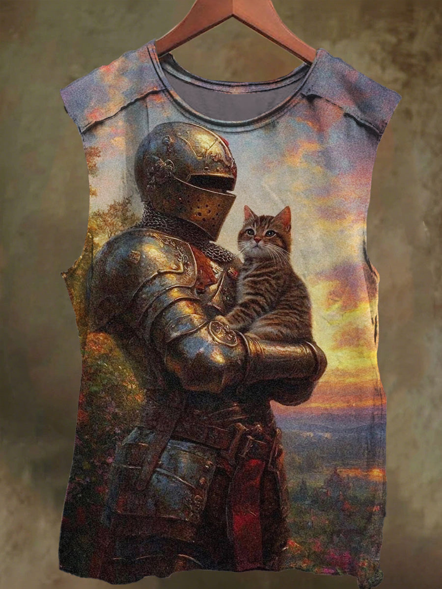 Unisex Fantasy Knight and Kitten Art Print Casual Cotton Tank Top