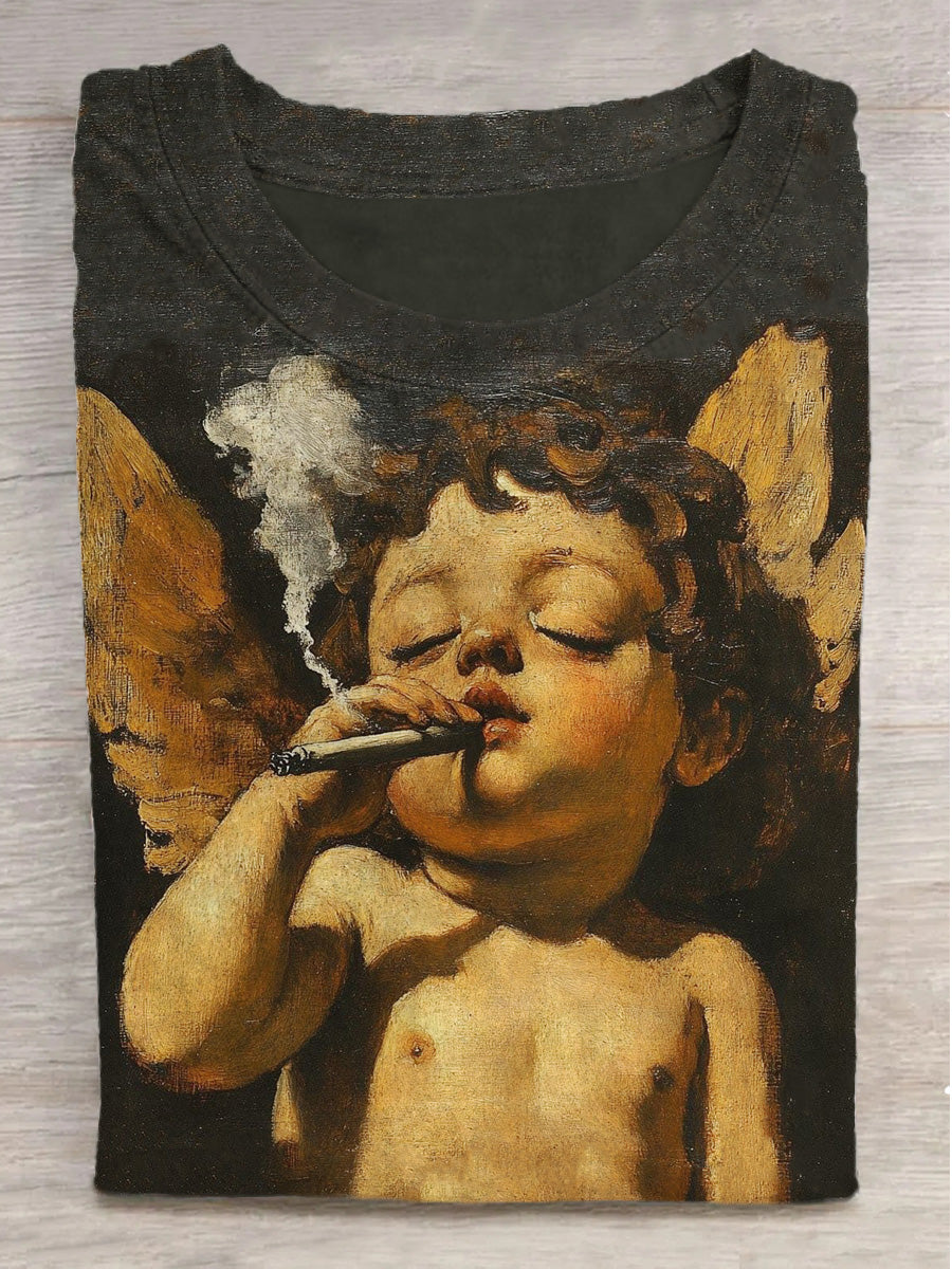 Angel Smoking Art Graffiti Print Round Neck Short Sleeve T-Shirt