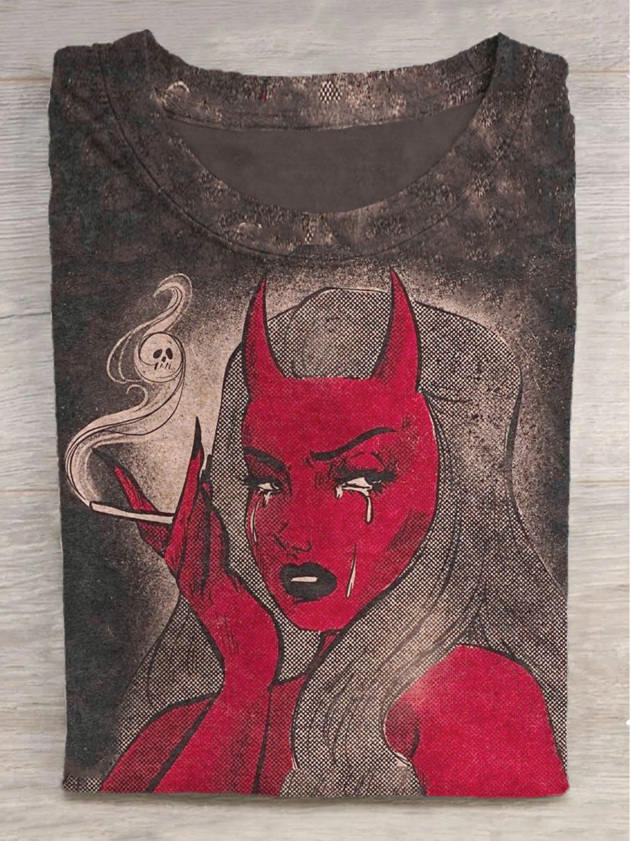 Devil Tears Smoking Girl Print Round Neck Short Sleeve T-Shirt