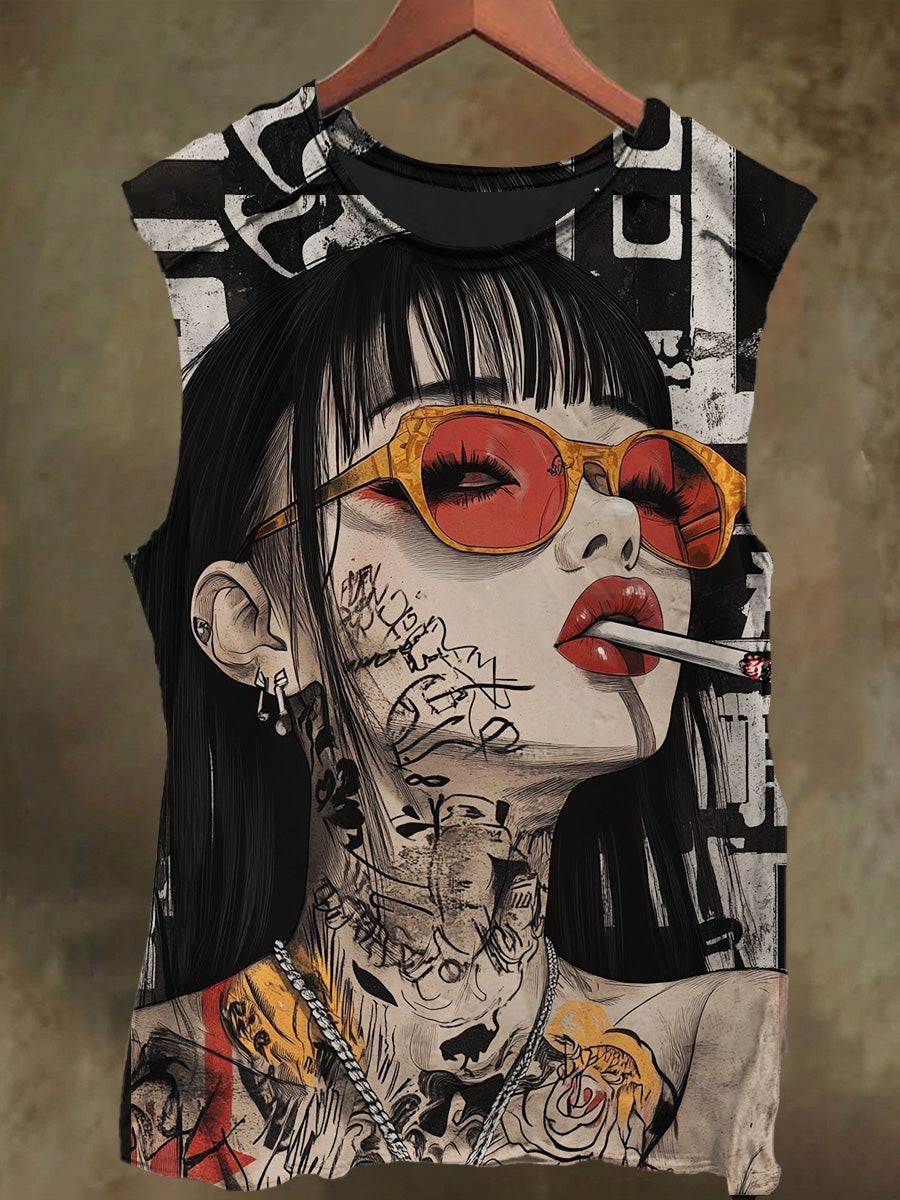 Unisex Smoking Sunglasses Sexy Girl Print Casual Cotton Tank Top