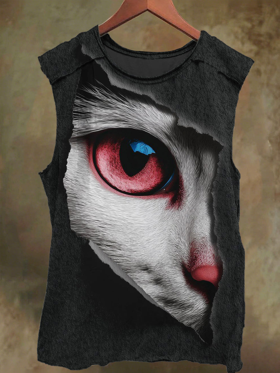 Unisex Visual Illusion Black Cat Print Casual Cotton Tank Top