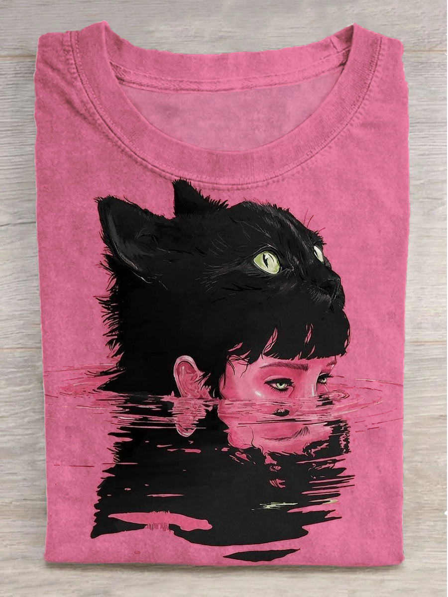 Fantasy Black Cat Girl Art Print Round Neck Short Sleeve T-Shirt