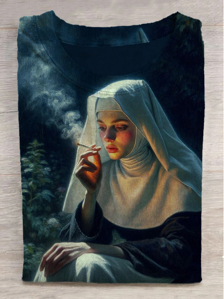 Smoking Nun Printed Round Neck Short Sleeve T-Shirt