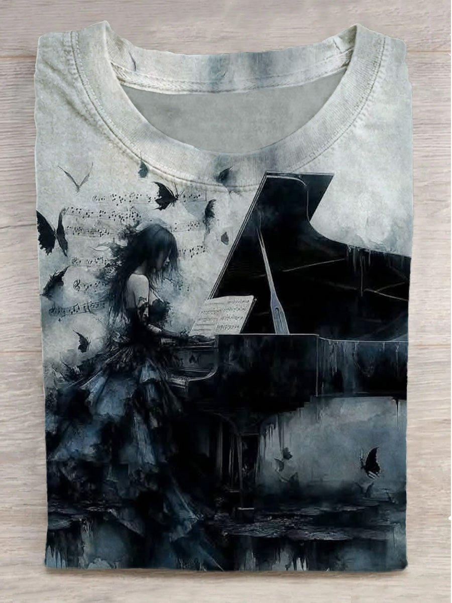 Fantasy Gothic Girl Piano Print Round Neck Short Sleeve T-Shirt