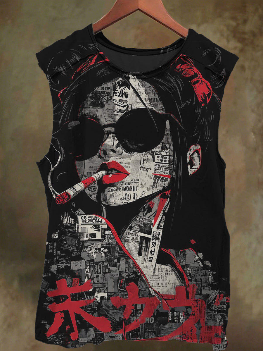 Unisex Smoking Black White Sexy Girls Print Casual Cotton Tank Top