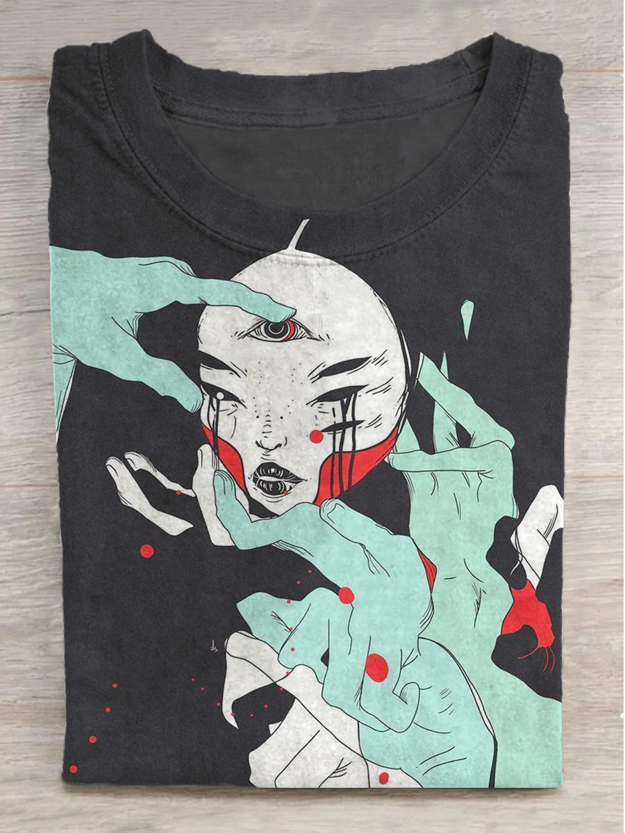Fantasy Multi-Eyed Girl Palm Print Round Neck Short Sleeve T-Shirt