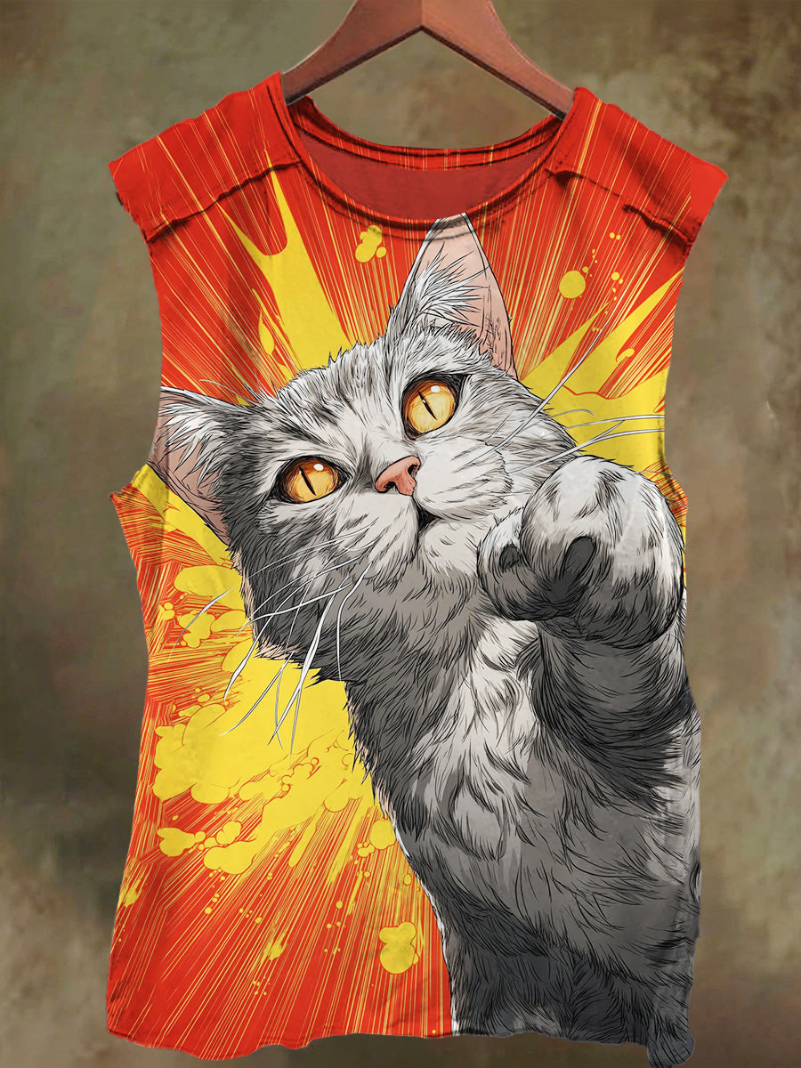 Unisex Fantasy Surprise Cat Print Casual Cotton Tank Top