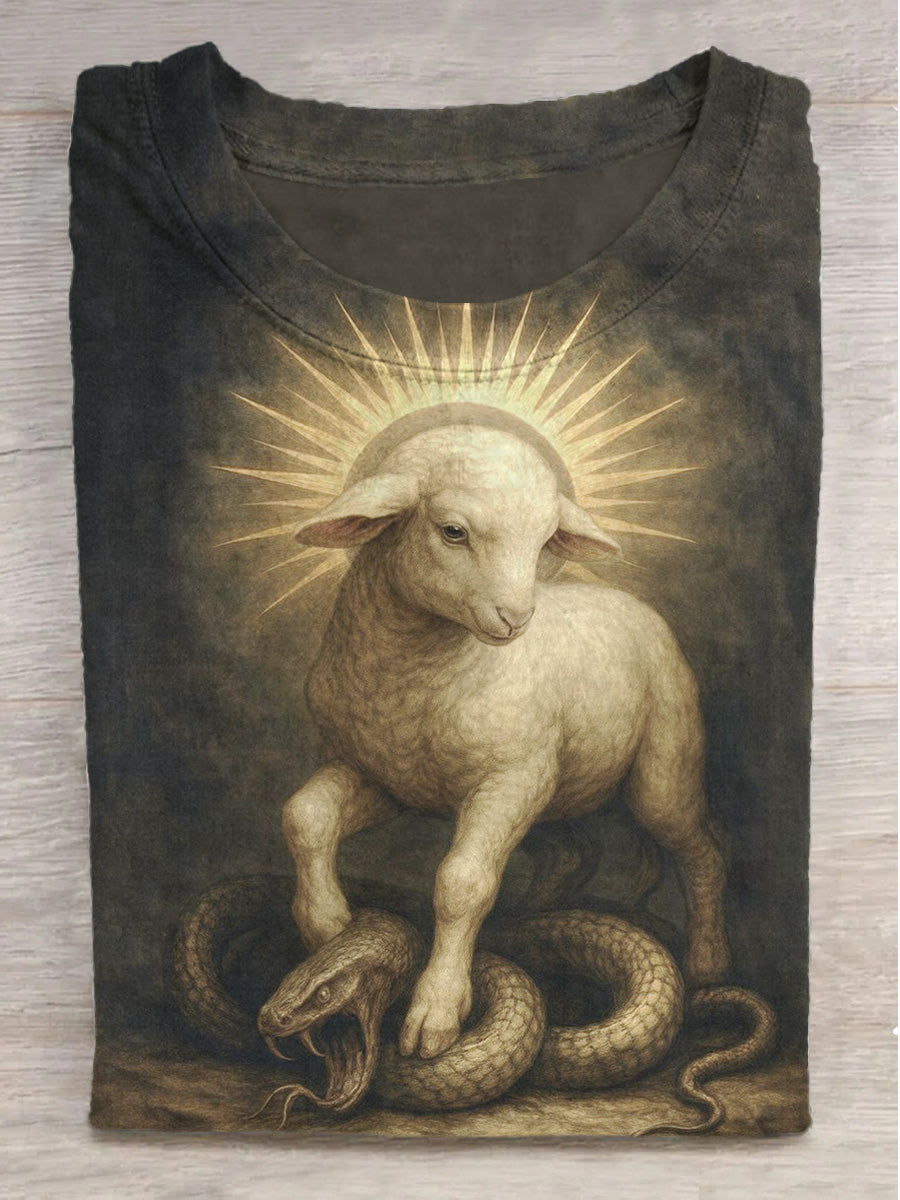 Fantasy Lamb and Snake Print Round Neck Short Sleeve T-Shirt