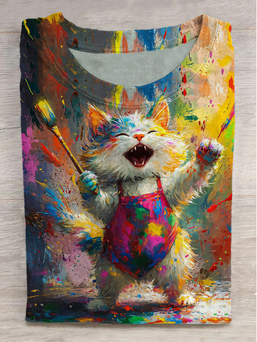 Fantasy Colorful Pigment Cat Print Round Neck Short Sleeve T-Shirt