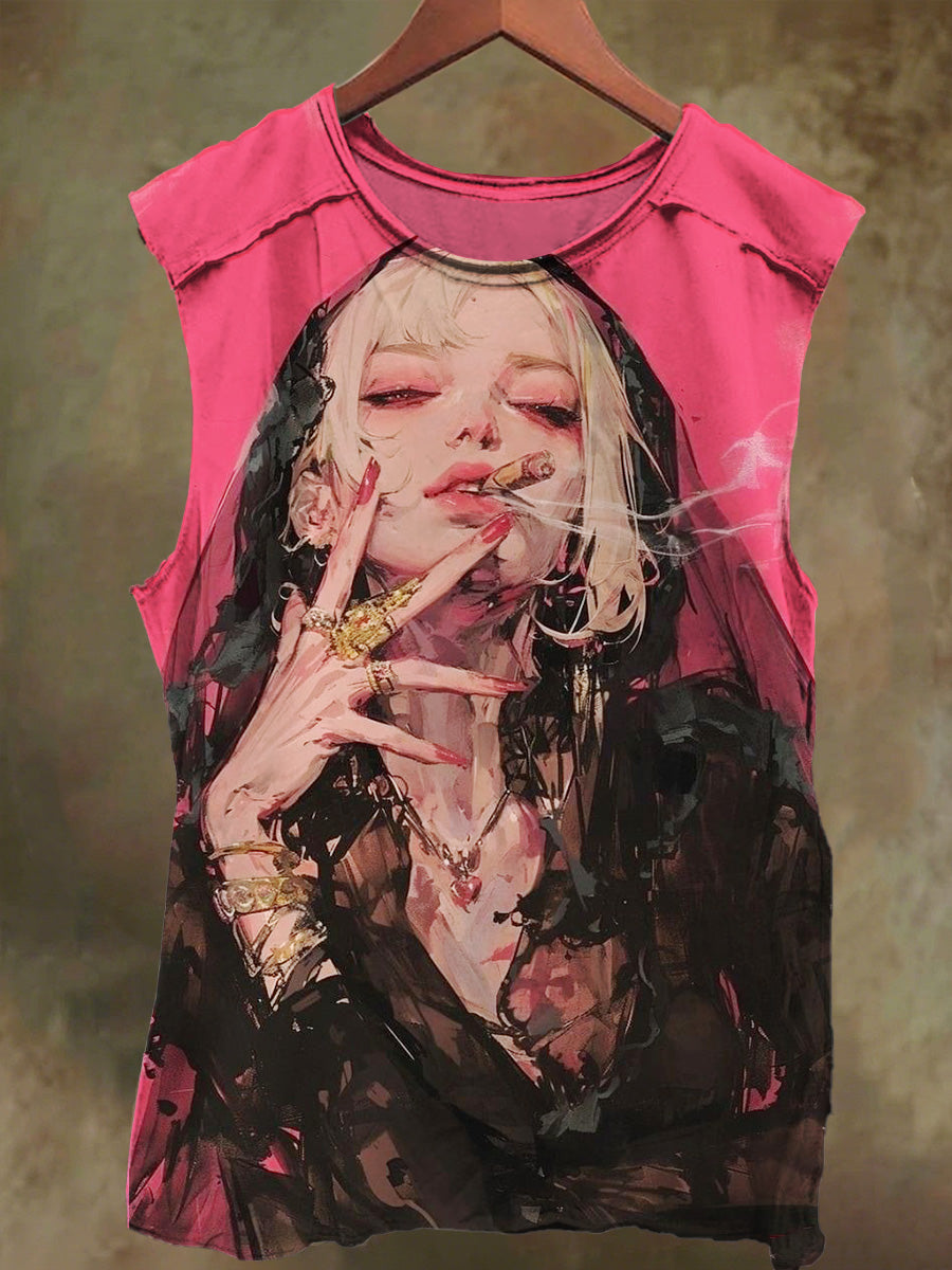 Unisex Smoking Sexy Girls Printed Casual Cotton Tank Top