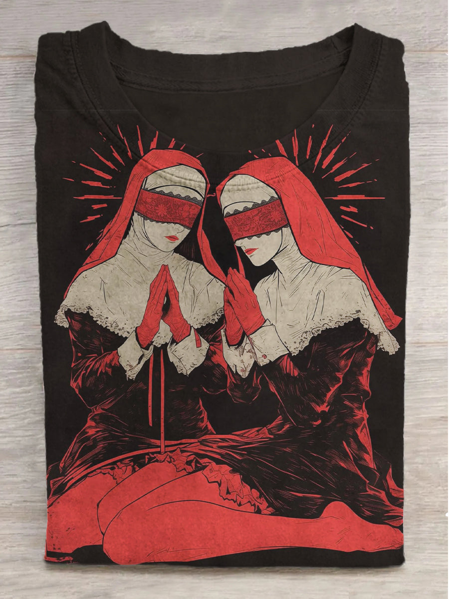 Nun Printed Round Neck Short Sleeve T-Shirt