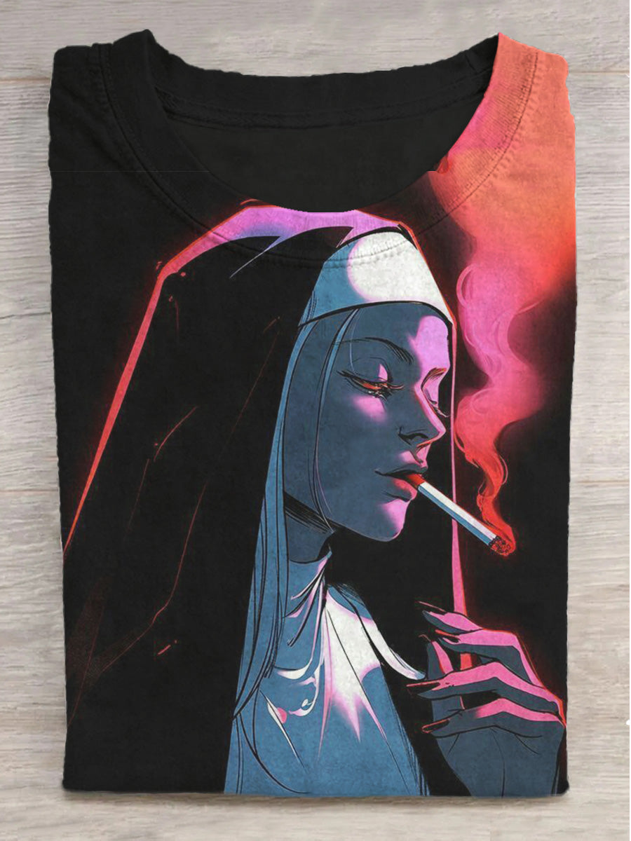 Fantasy Nun Smoking Print Round Neck Short Sleeve T-Shirt