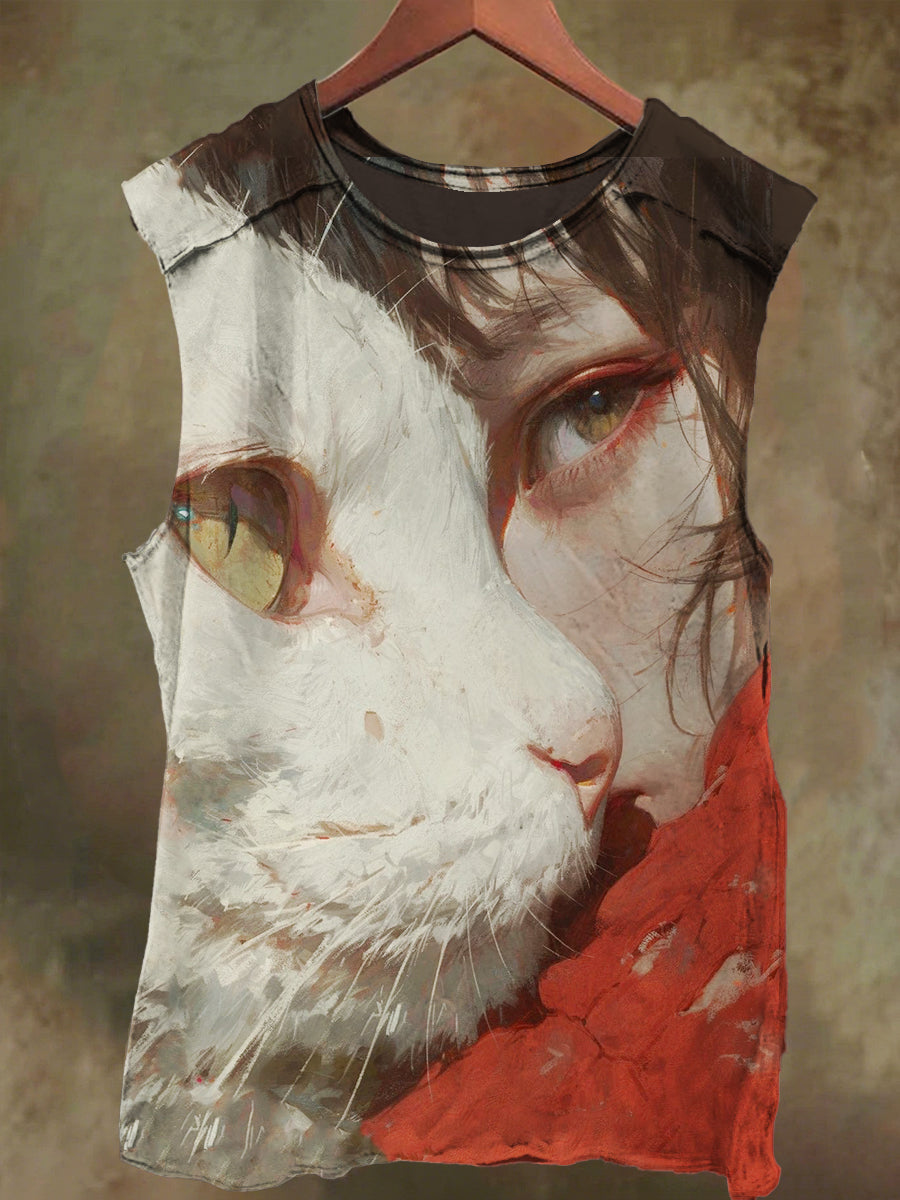 Unisex Fantasy Cat and Girl Print Casual Cotton Tank Top