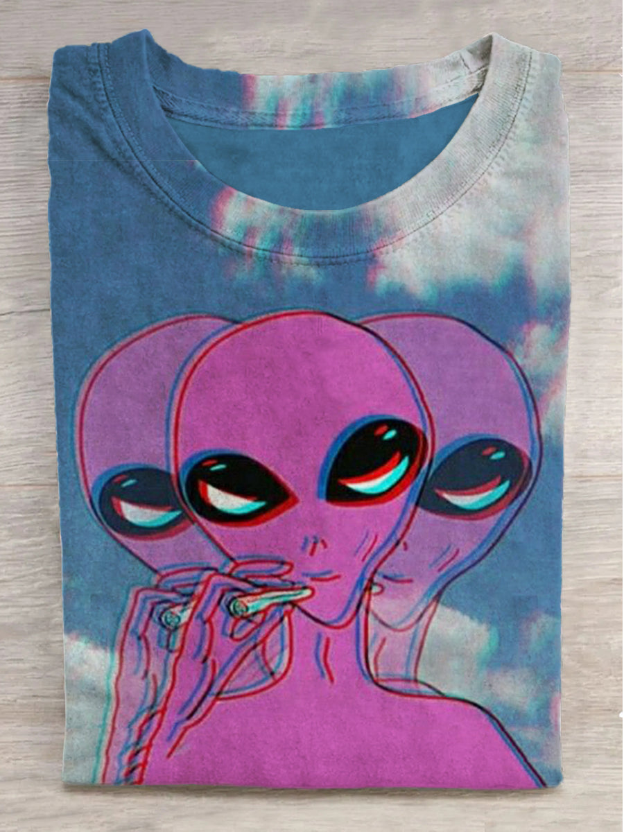 Fantasy Cosmic Smoking Alien Printed Crew Neck Short Sleeve T-Shirt