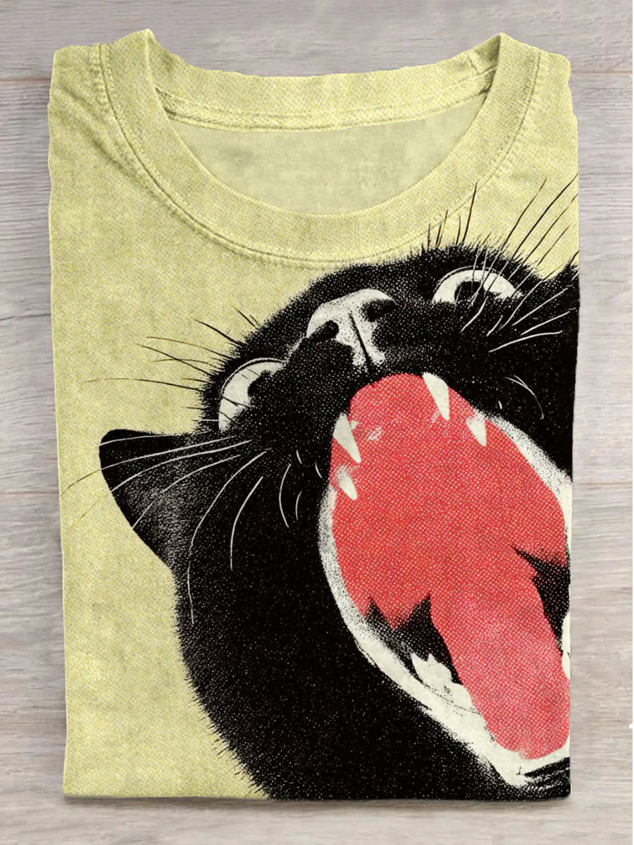 Fantasy Surprise Black Cat Print Crew Neck Short Sleeve T-Shirt