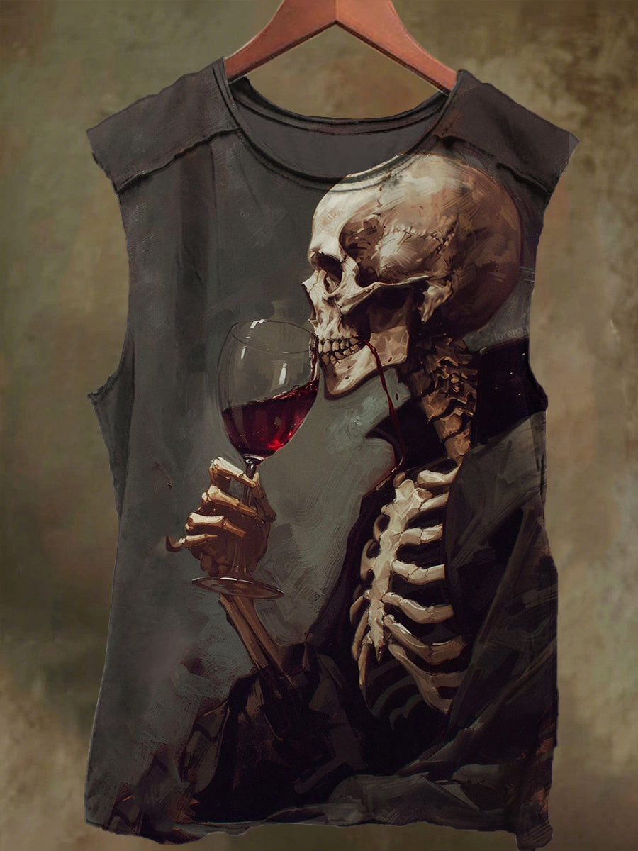 Unisex Drinking Red Wine Amount Skull Print Casual Cotton Tank Top