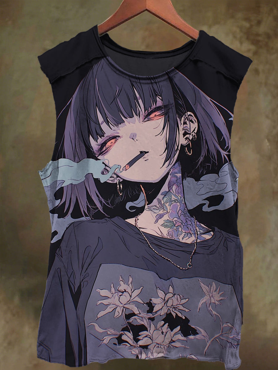 Unisex Smoking Short Hair Girls Printed Casual Cotton Tank Top