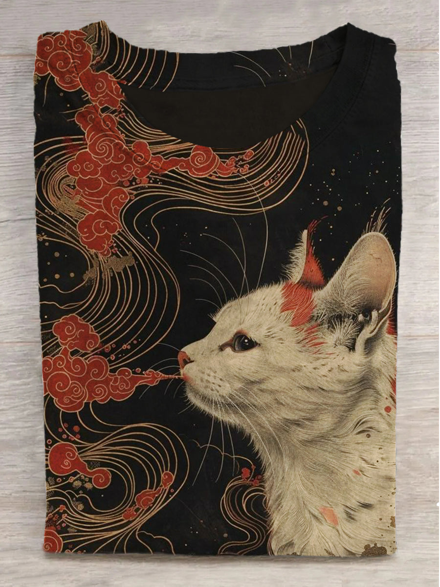 Fantasy White Cat and Smoke Print Round Neck Short Sleeve T-Shirt