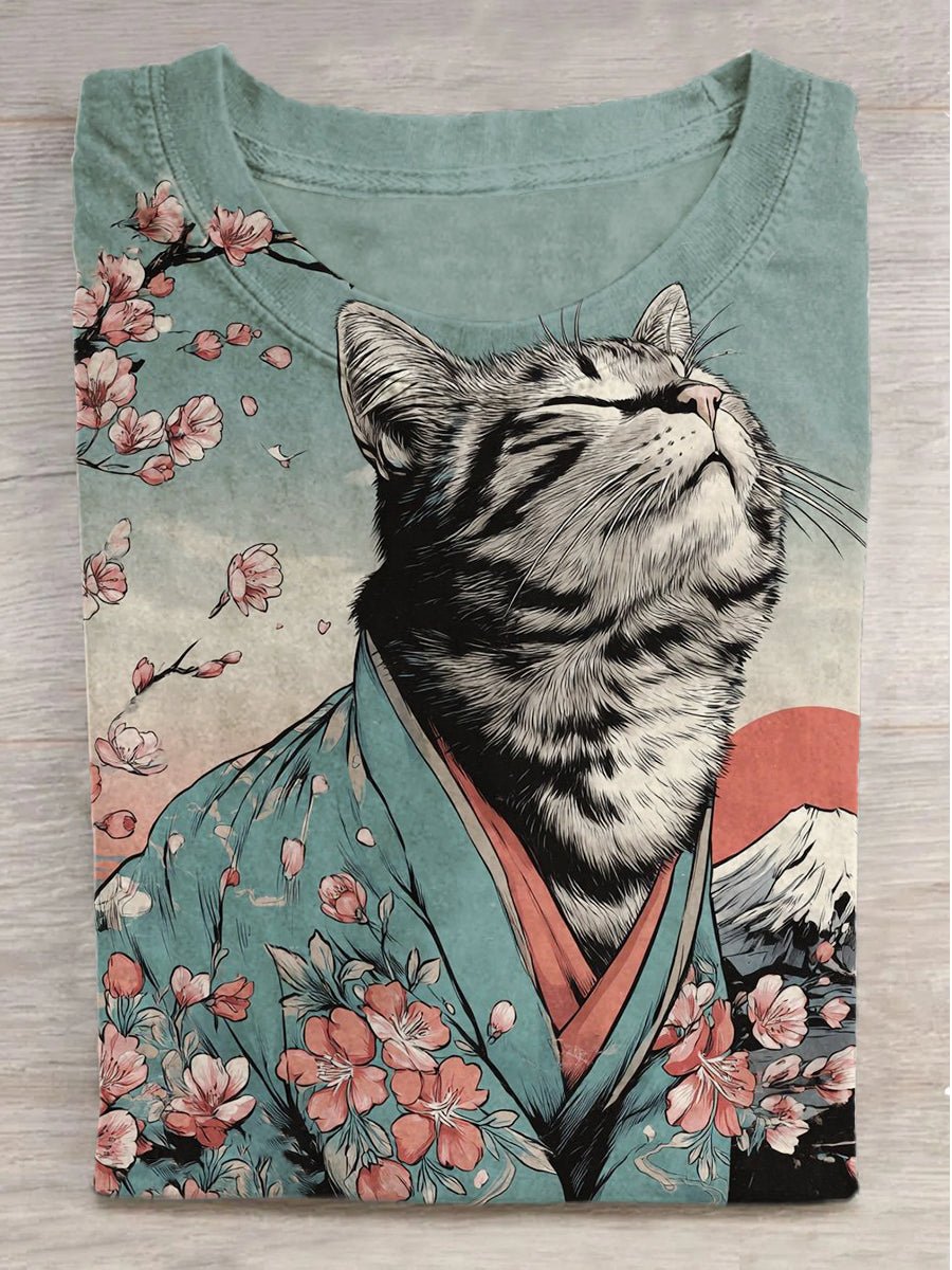 Cat Under the Dream Tree Print Round Neck Short Sleeve T-Shirt