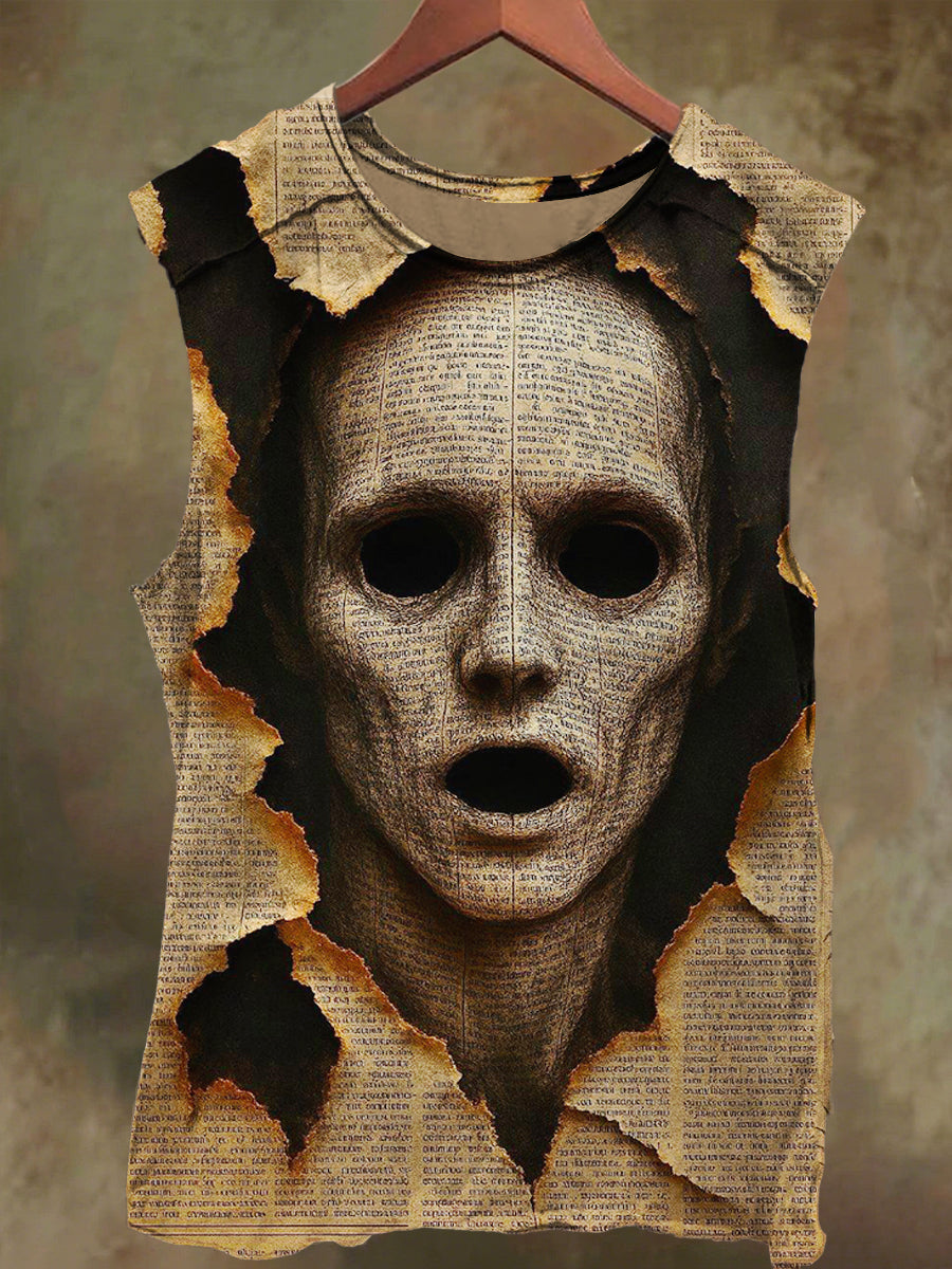 Unisex Visual Illusion Newspaper Head Print Casual Cotton Tank Top