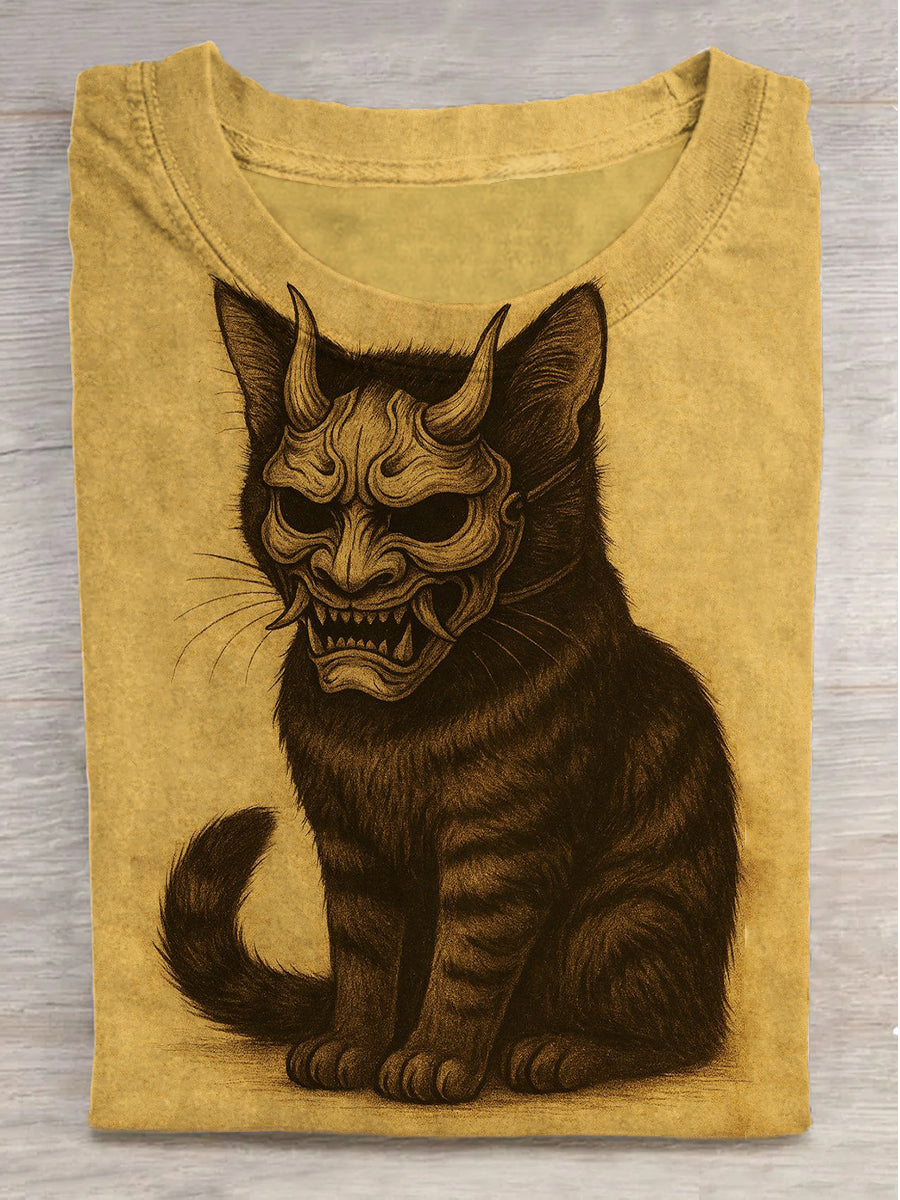 Fantasy Mask Black Cat Print Round Neck Short Sleeve T-Shirt
