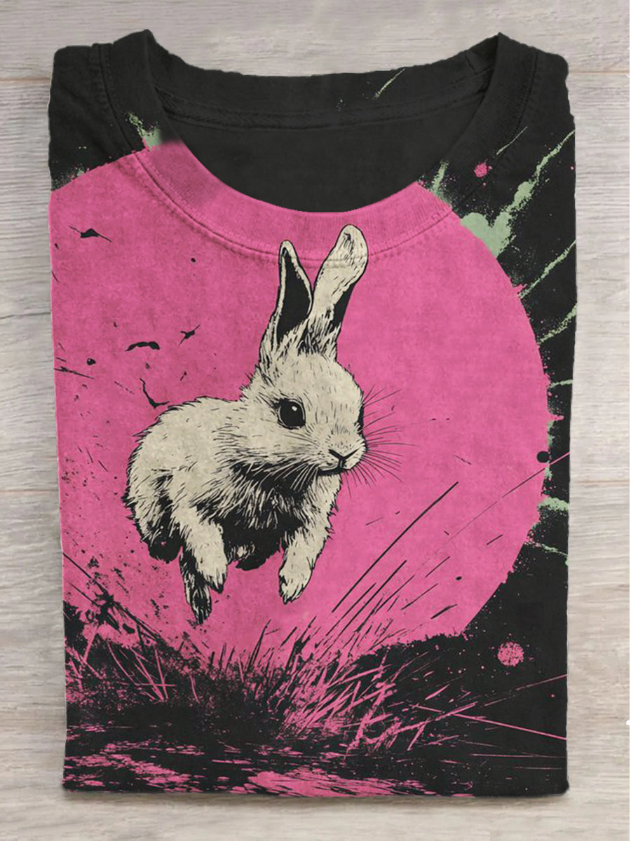 Fantasy Rabbit Print Round Neck Short Sleeve T-Shirt
