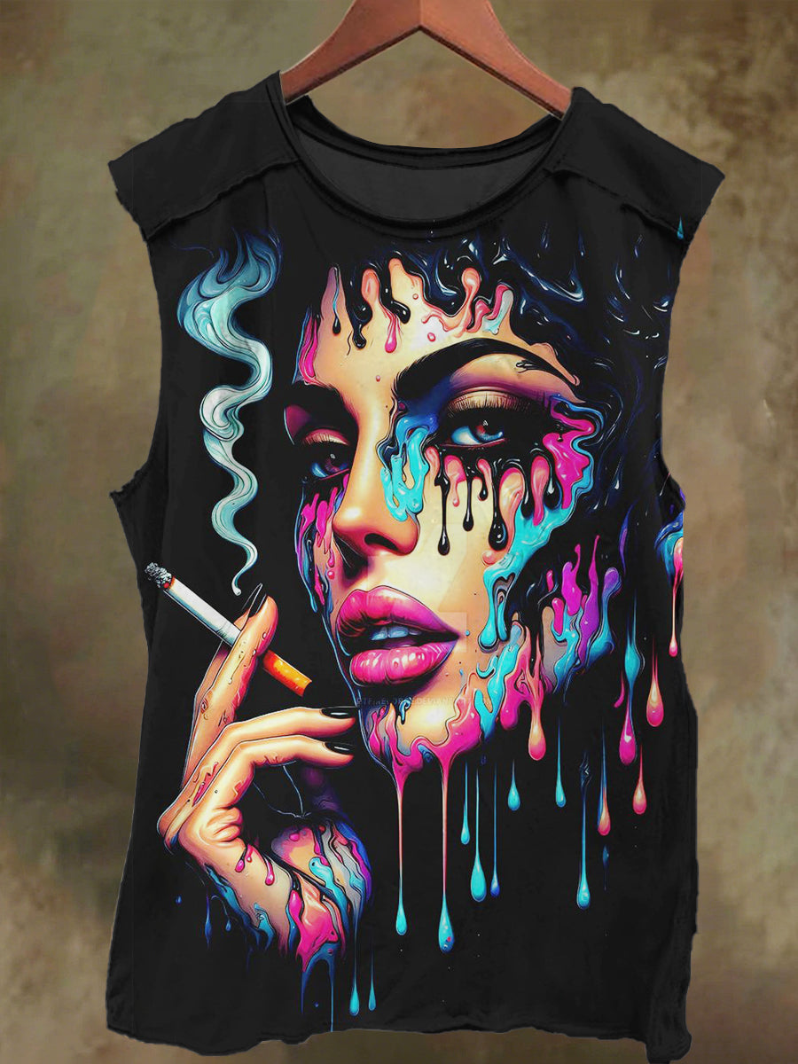 Unisex Fantasy Pigment Smoking Girl Print Casual Cotton Tank Top