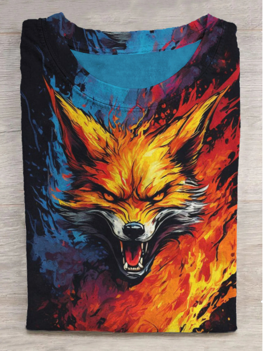 Fox Divine Beast Printed Round Neck Short Sleeve T-Shirt