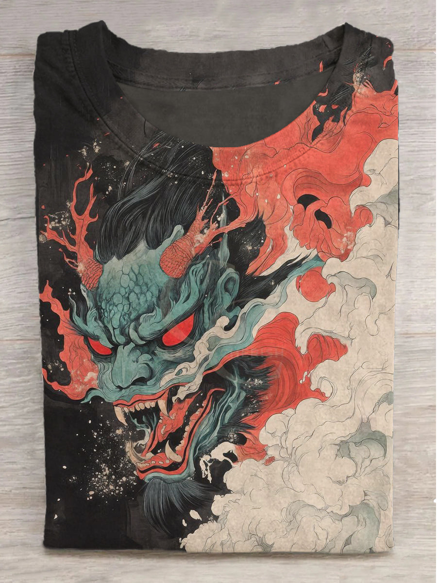 Fantasy Mask Print Round Neck Short Sleeve T-Shirt