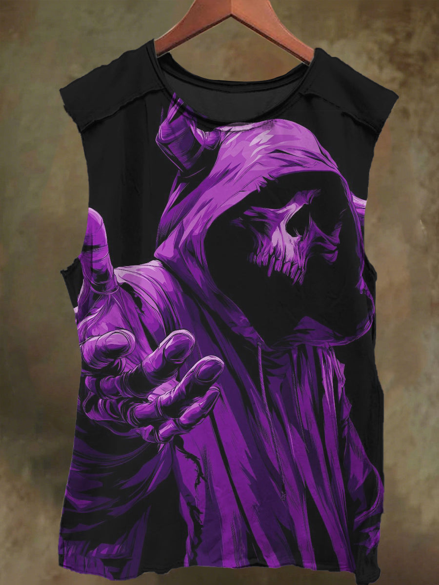 Unisex Dark Cowl Skull Print Casual Cotton Tank Top