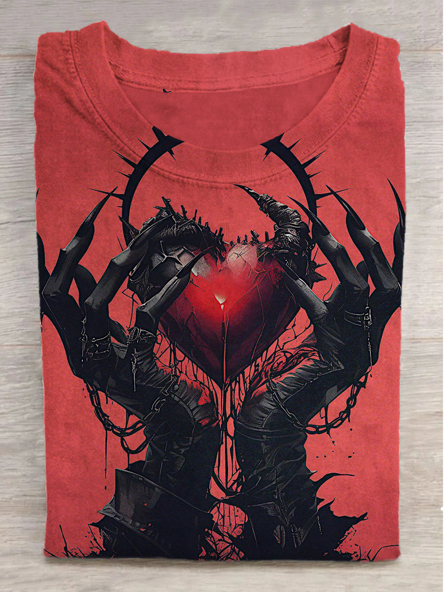 Dark Devil's Heart Print Round Neck Short Sleeve T-Shirt
