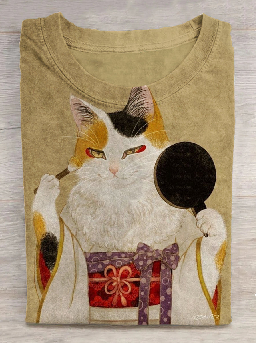 Dreamy Cat Looking in the Mirror Print Crew Neck Short Sleeve T-Shirt