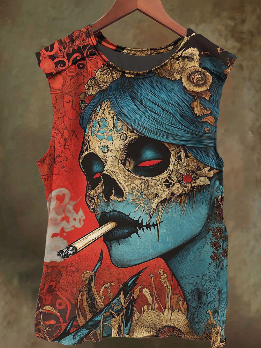Unisex Girls Smoking Skull Print Casual Cotton Tank Top