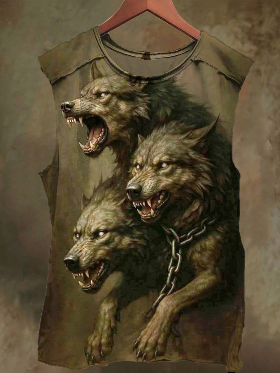 Unisex Dark Three Headed Wolf Print Casual Cotton Tank Top