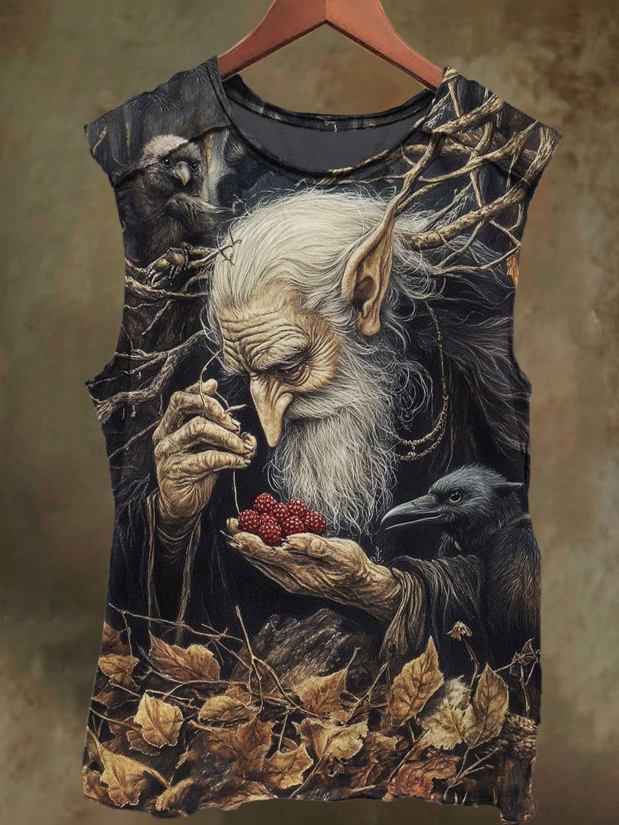 Unisex Fantasy Wizard and Raven Print Casual Cotton Tank Top