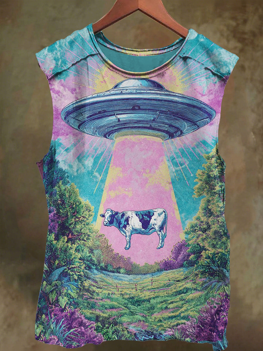 Unisex Fantasy Spaceship and Cow Print Casual Cotton Tank Top