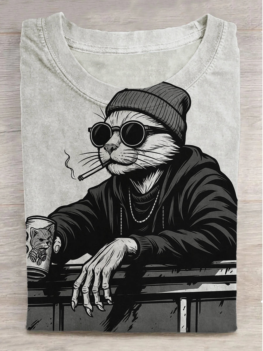 Fantastic Smoking Cat Print Round Neck Short Sleeve T-Shirt