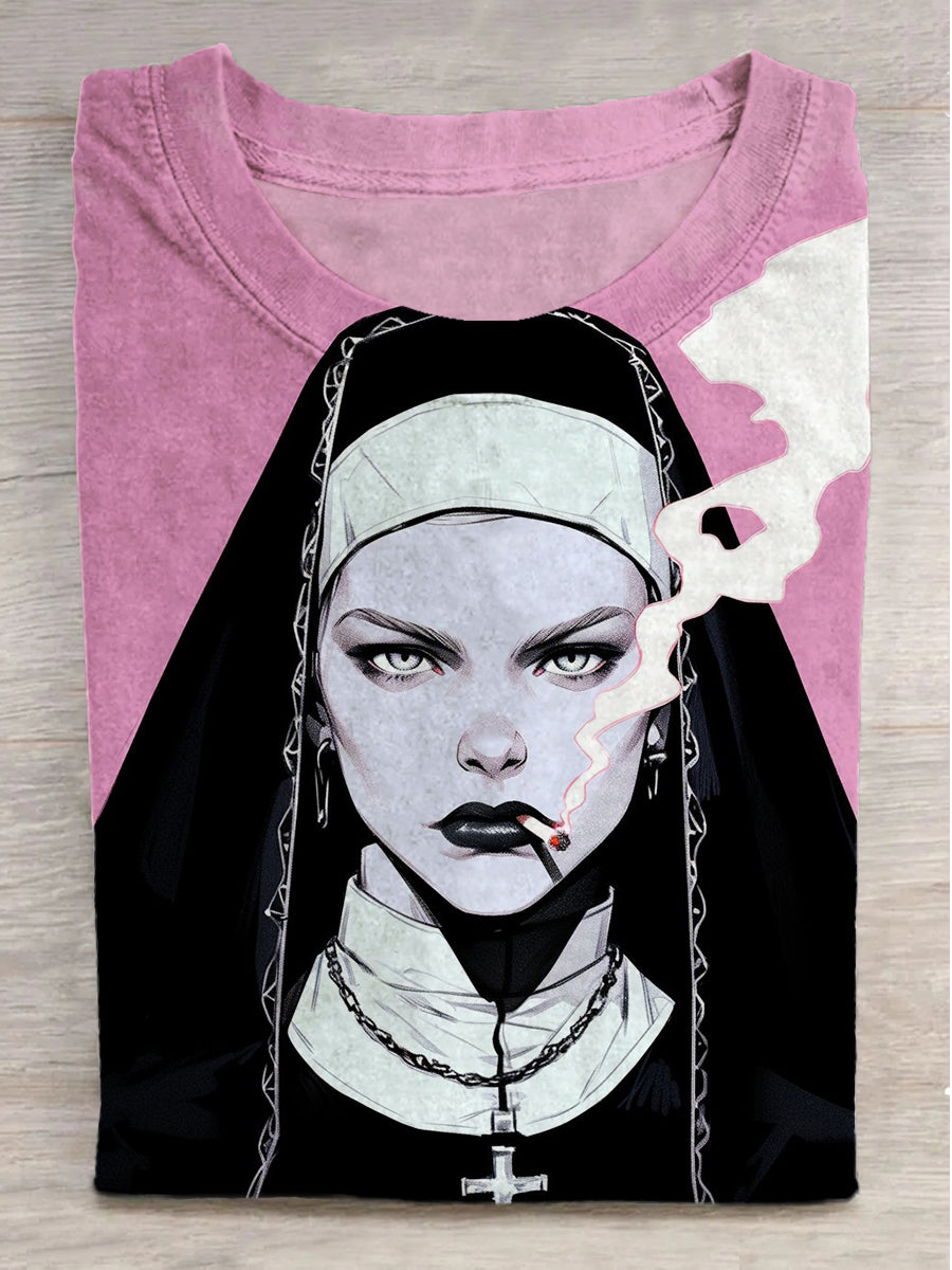 Fantastic Smoking Nuns Print Round Neck Short Sleeve T-Shirt
