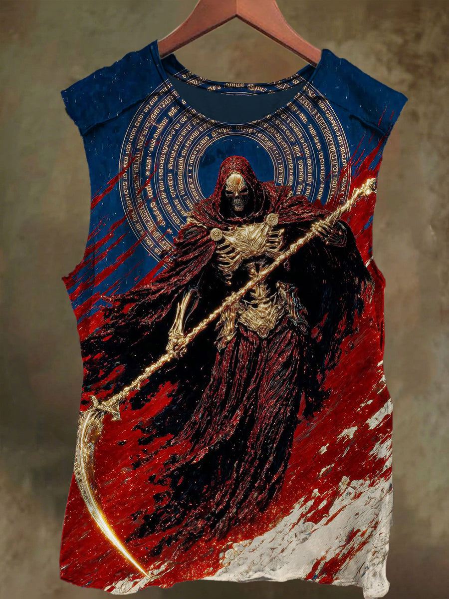 Unisex Fantasy Cosmic Sickle Skull Print Casual Cotton Tank Top