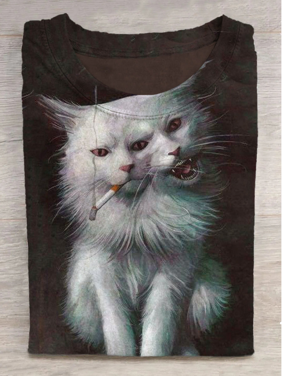 Fantasy Two-Headed Smoking Cat Print Round Neck Short Sleeve T-Shirt