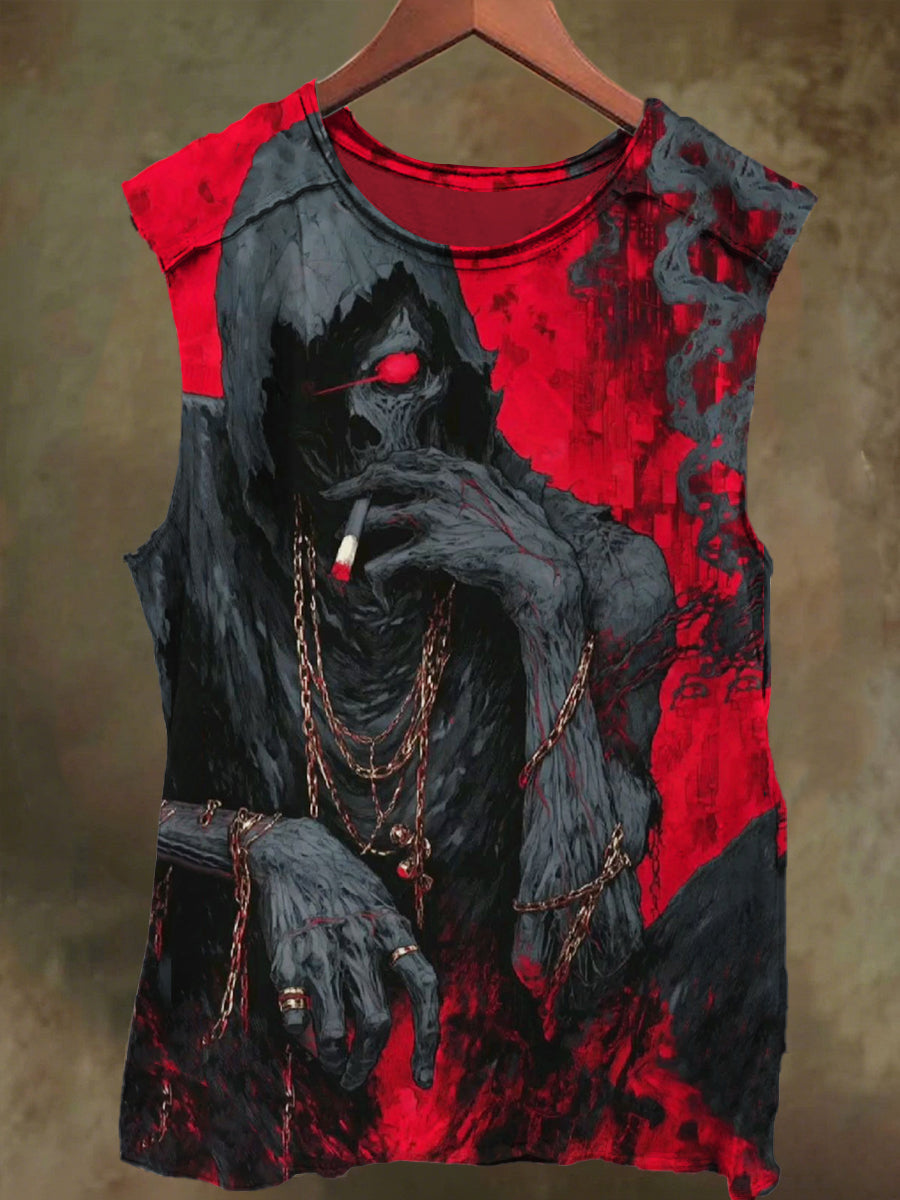 Unisex Dark Skull Smoking Art Print Casual Cotton Tank Top