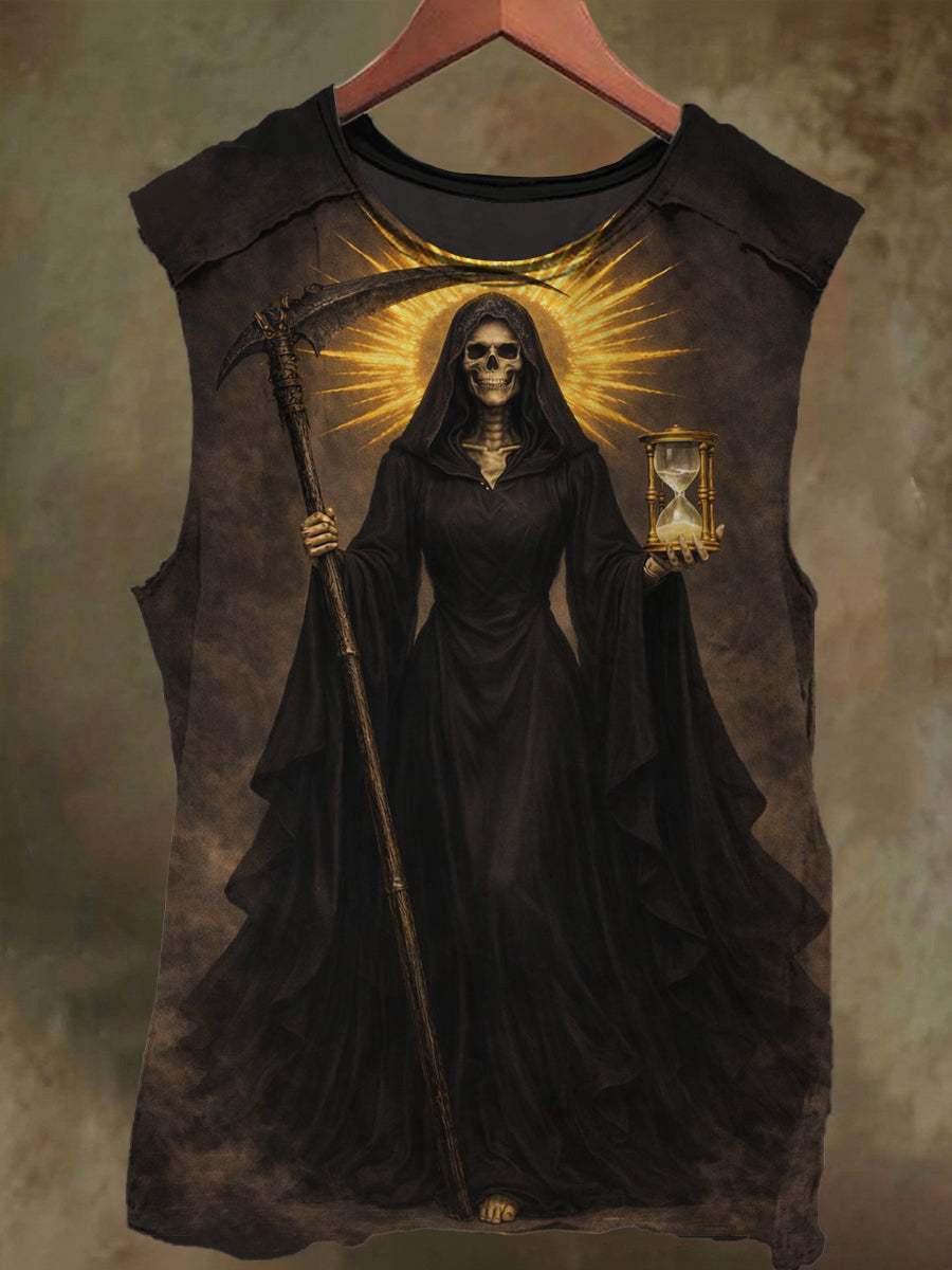 Unisex Sickle Skull Printed Casual Cotton Tank Top in Holy Light