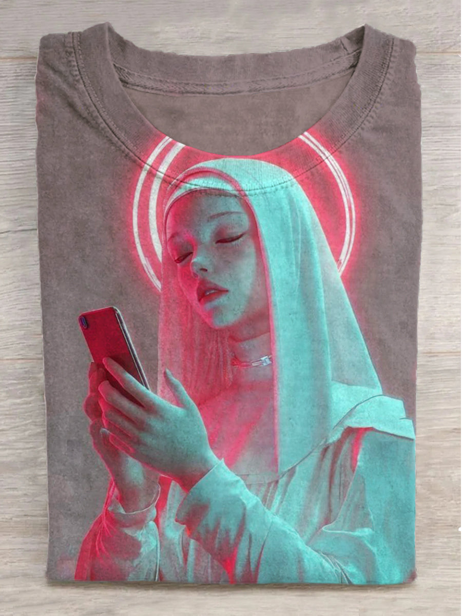 White Nuns in Light Printed Round Neck Short Sleeve T-Shirt