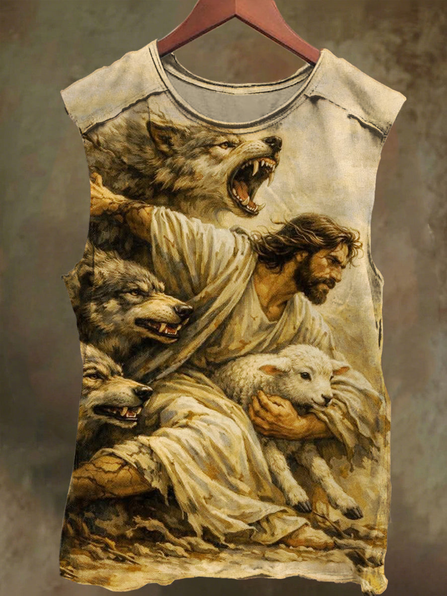Unisex Jesus and Coyote Print Casual Cotton Tank Top