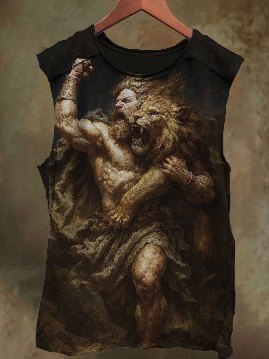 Unisex gladiator and lion print casual cotton tank top