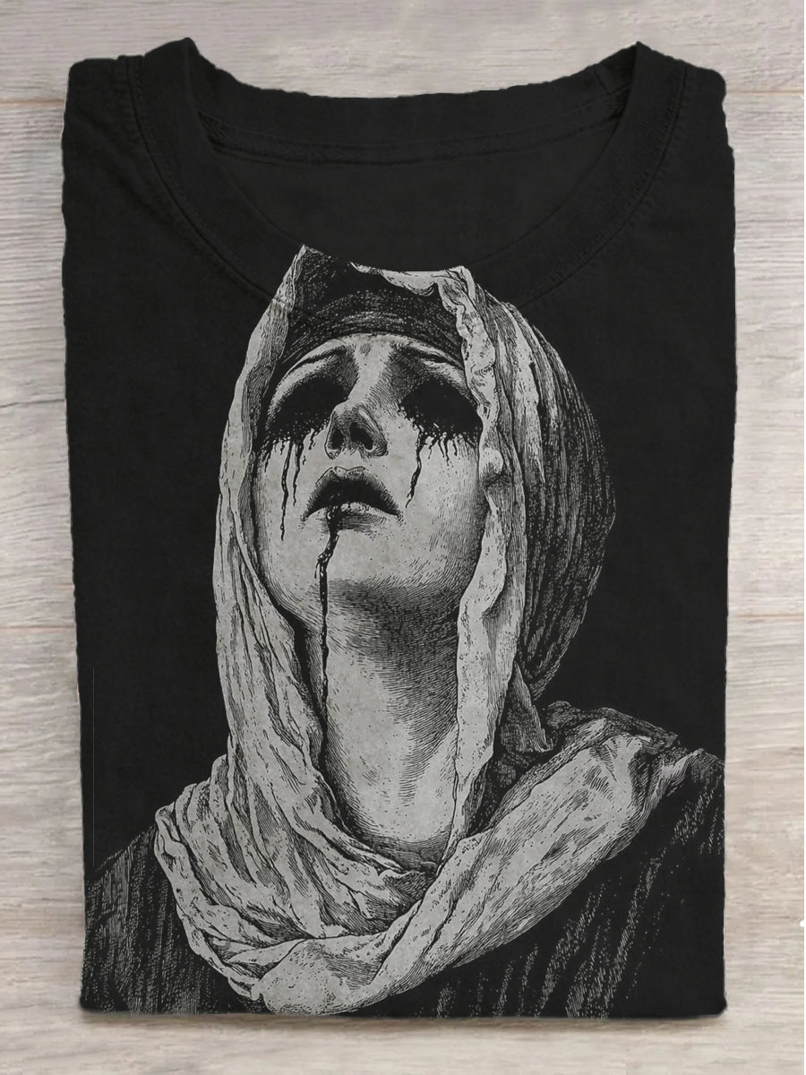 Dark Nun Print Round Neck Short Sleeve T-Shirt