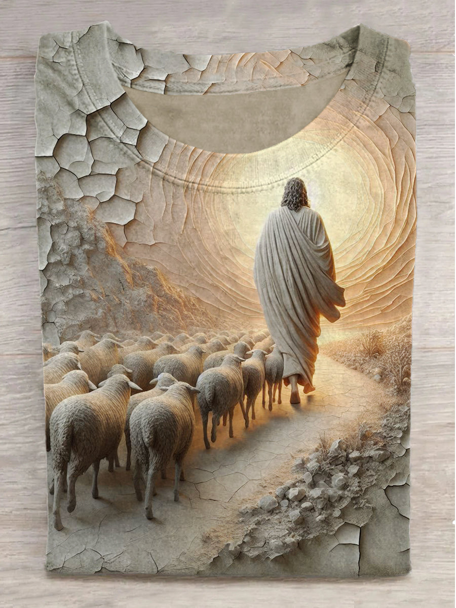 Embossed Jesus and Lamb Print Crew Neck Short Sleeve T-Shirt