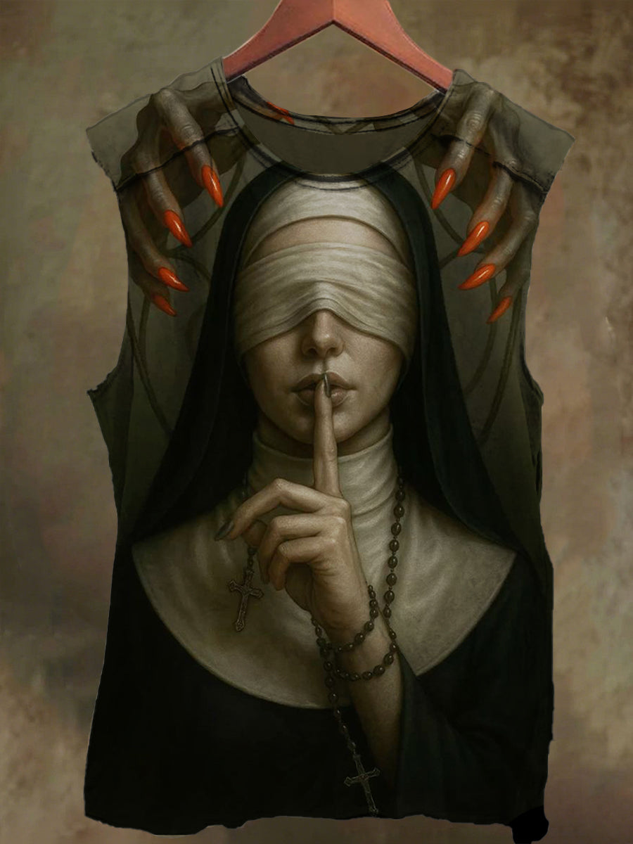 Unisex Devil and Nun Print Casual Cotton Tank Top