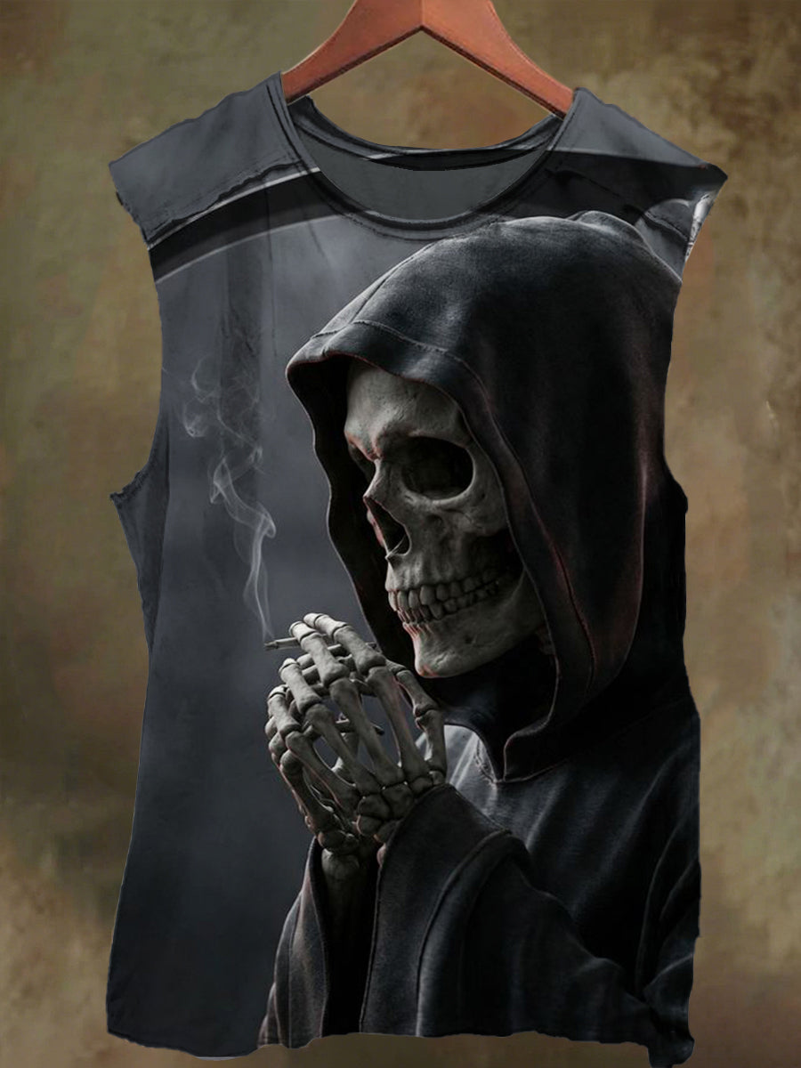Unisex Sickle Smoking Skull Print Casual Cotton Tank Top