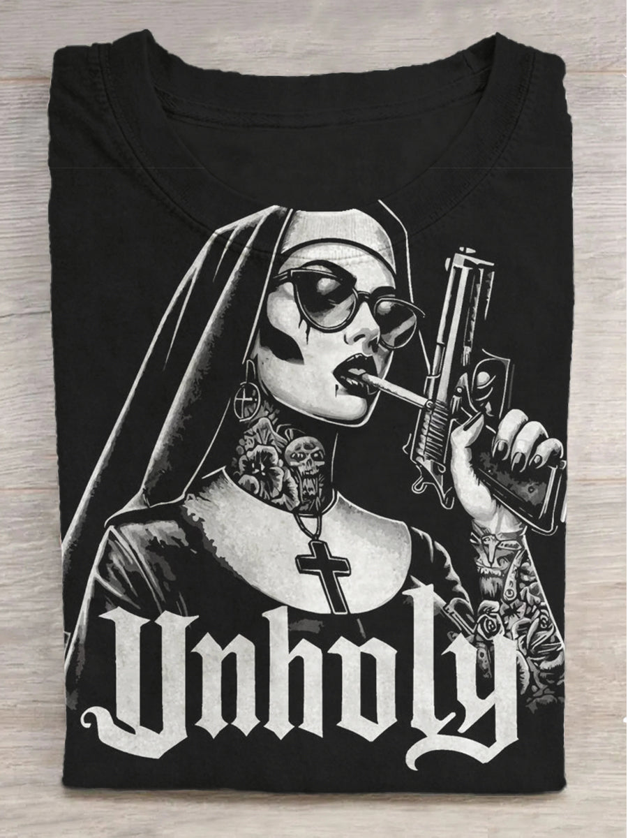 Dark Cobra Nun Printed Round Neck Short Sleeve T-Shirt